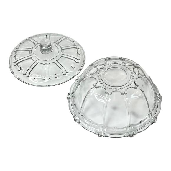 Vintage CANDY DISH 7” Clear Glass Bowl & Lid KIG Kedaung Oyster Pearl Beaded - Picture 4 of 7